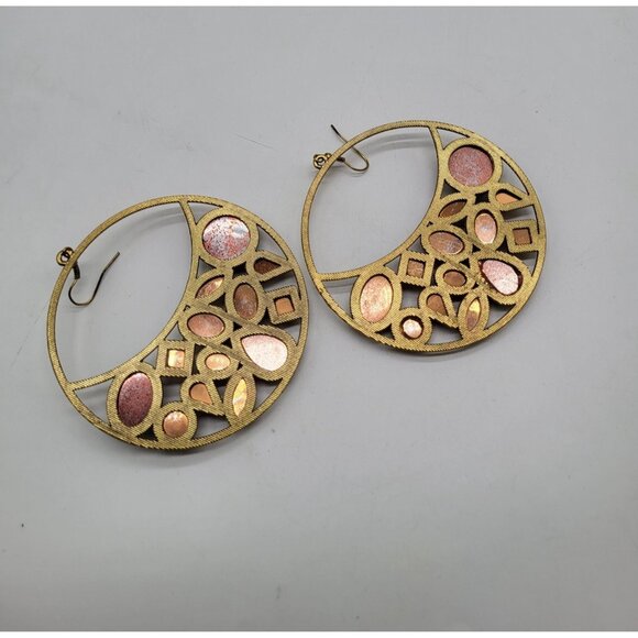 VTG Leopard Amber Honey Gold Tone Huge Hoop Dangle Earrings Costume Runway - Picture 7 of 9